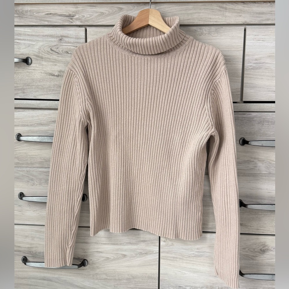 Sonoma Ribbed Turtleneck Sweater Cream 100% Cotton Size L Classic Basic Cozy